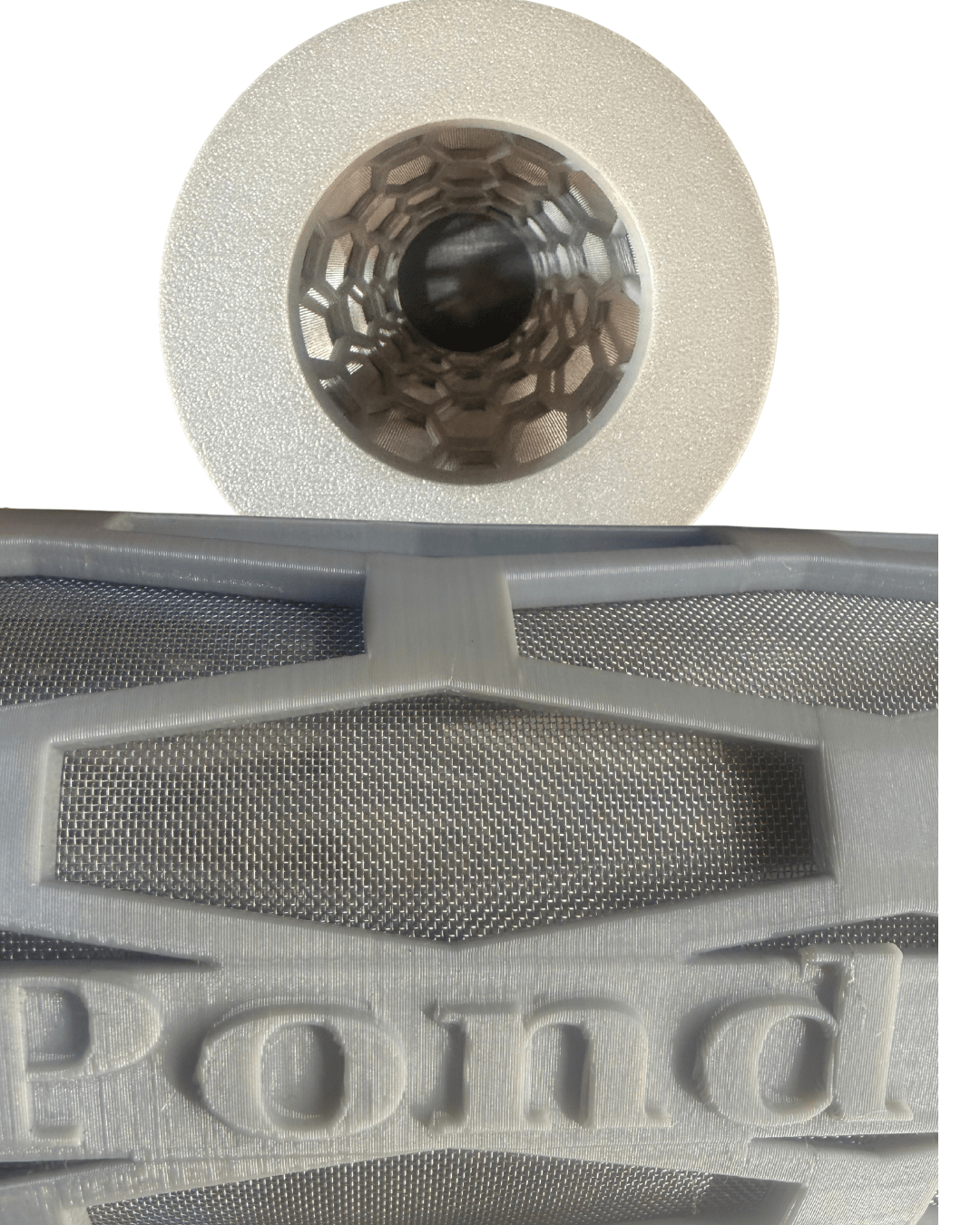 A close-up of a gray 3D-printed pond filter or pond cover component with a honeycomb mesh pattern and embossed lettering, shown against a white background with a circular inset of the printed material texture.