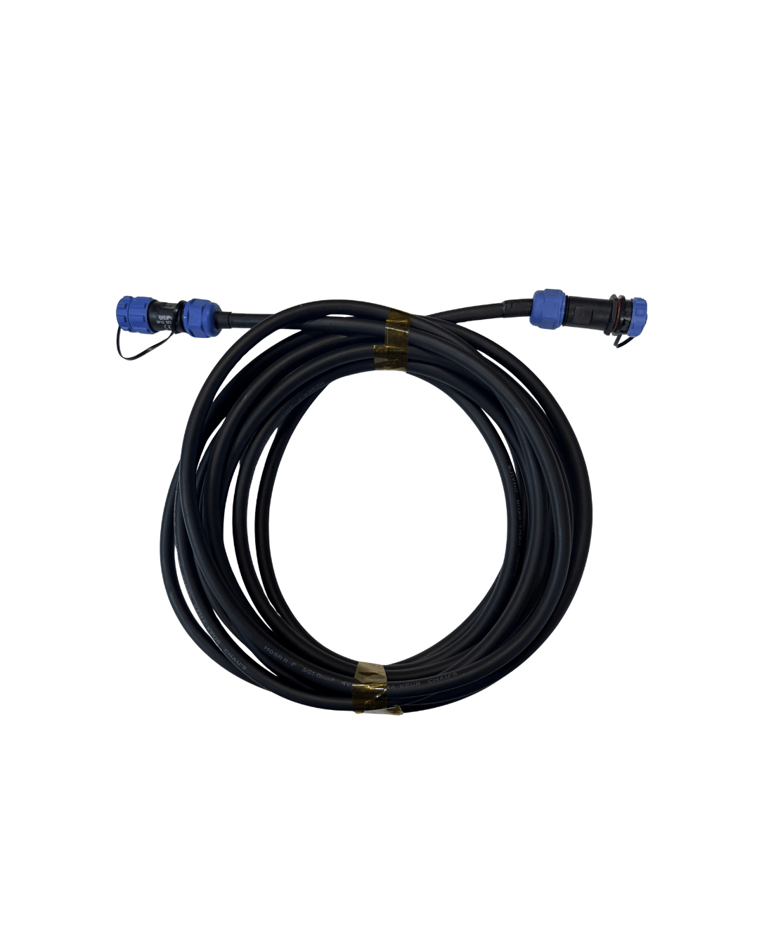 A coiled black wire with blue sp13 connector ends, photographed on a plain white background