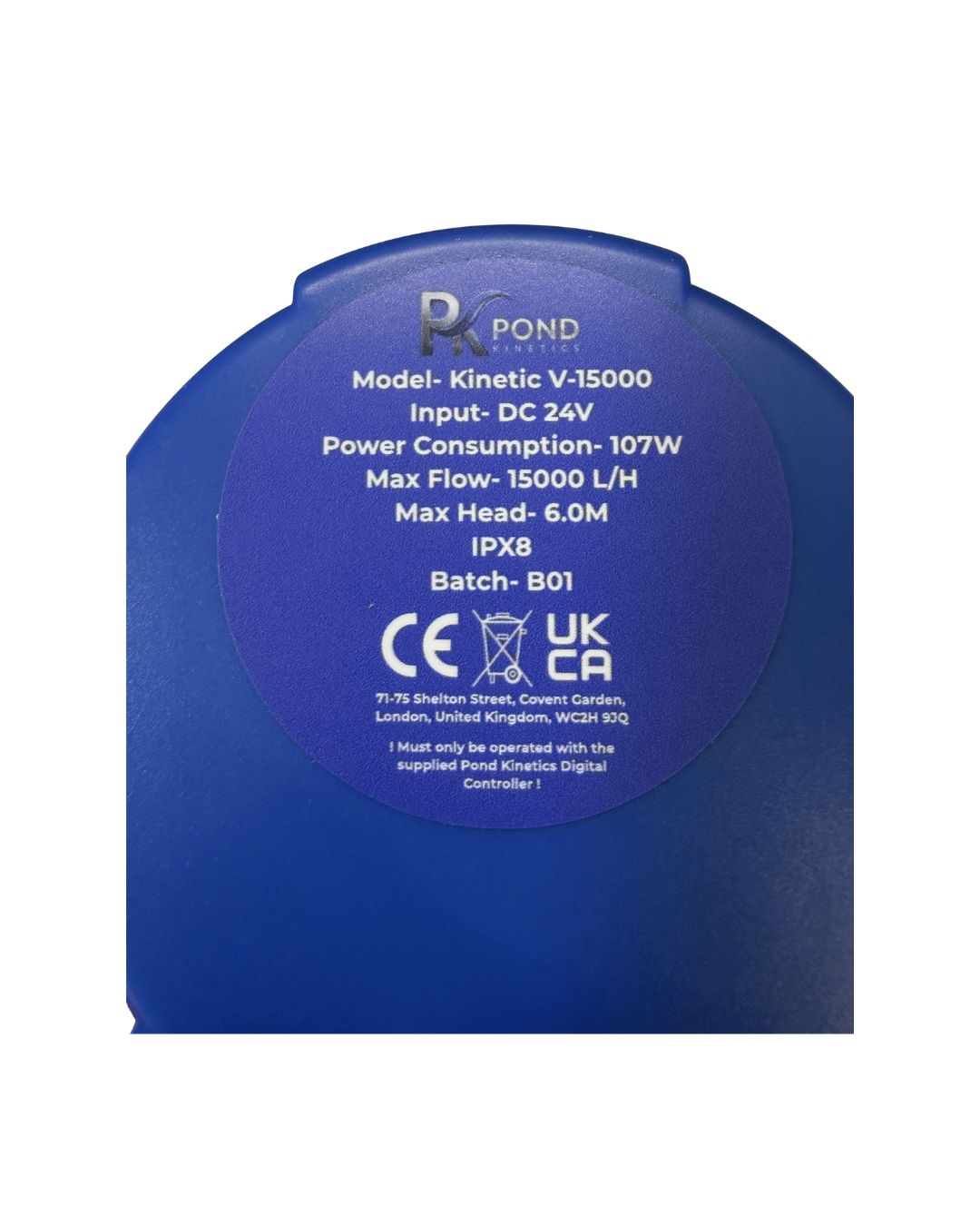 A blue circular product label or sticker with white text, shown on a white background. The label features the brand 'POND KINETICS' and product details for a 'Kinetic V-15000' pump.