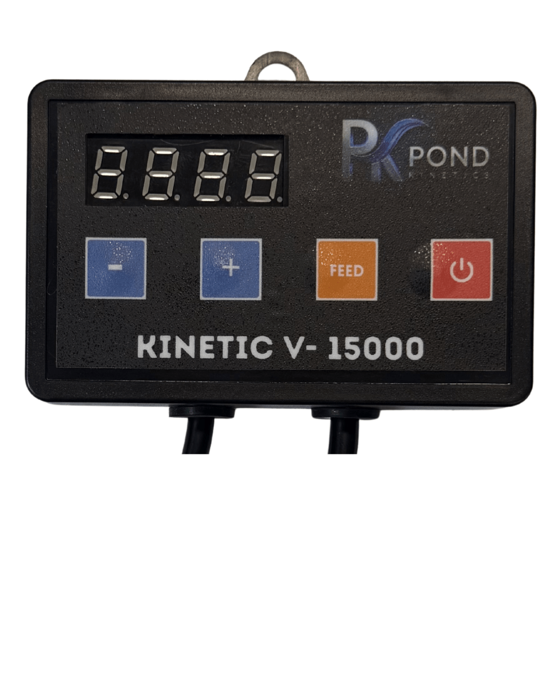 PK Pond Kinetic V-15000 automatic feeder and water level controller display unit with four buttons and digital LED display, isolated on a white background.