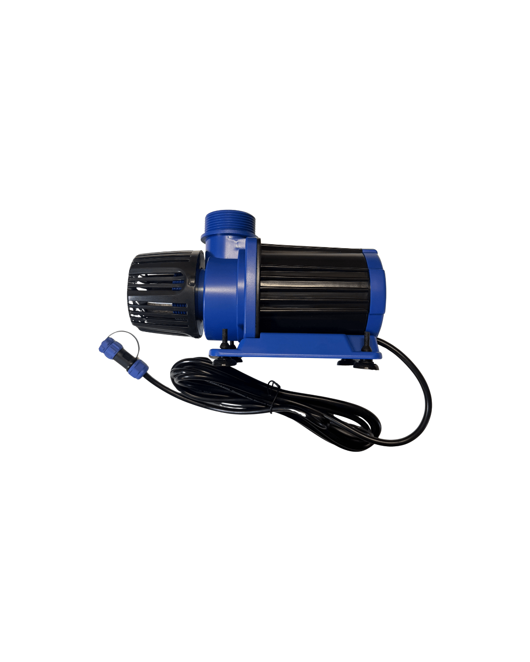 A blue and black electric pump with a black power cord and blue connector plug, shown on a plain white background.